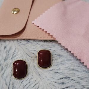 Gold-Trimmed Burgundy Rectangular Cabochon Stud Earrings